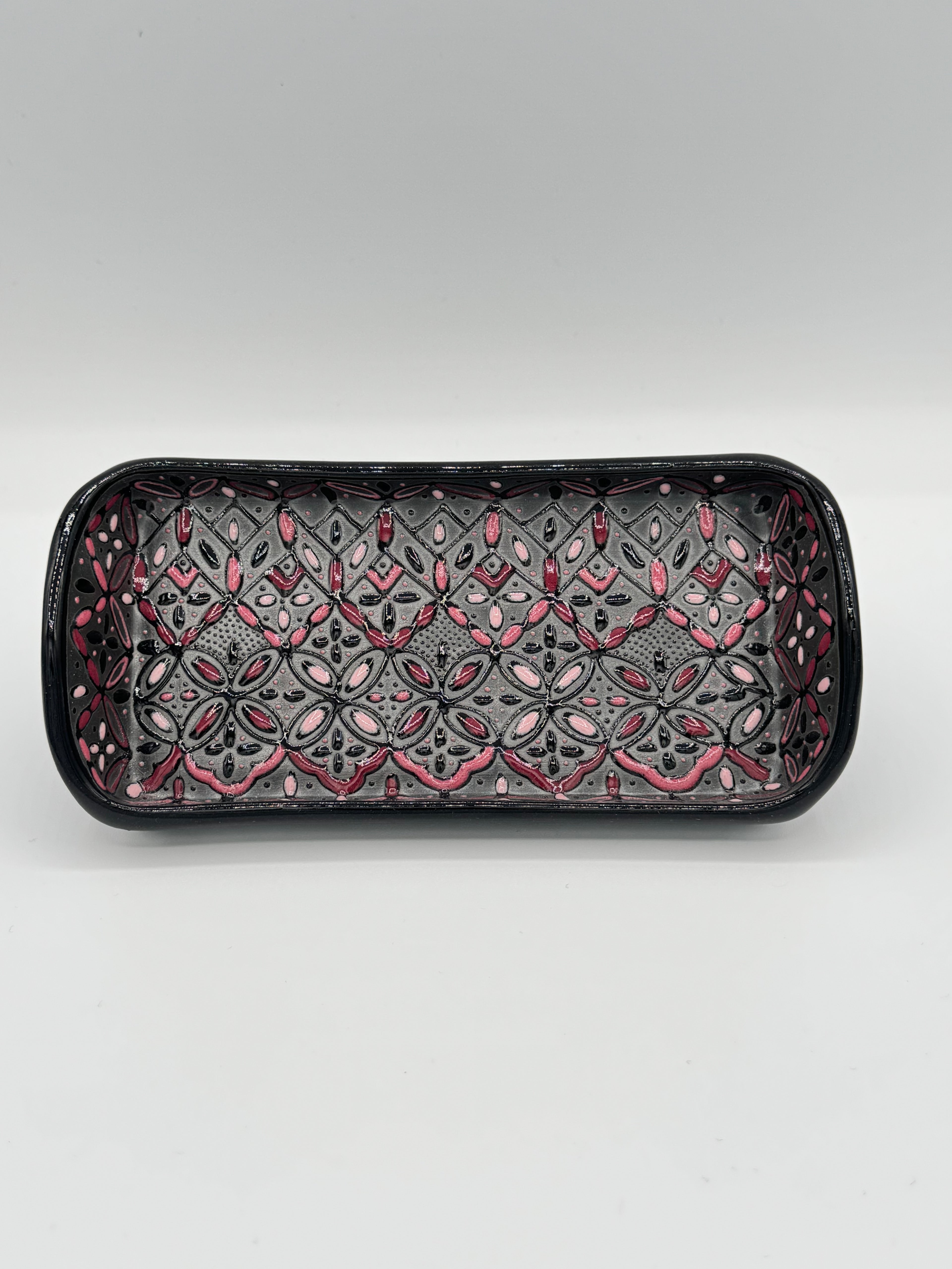 Small Handmade Talavera Ceramic Tray- Black/Rose