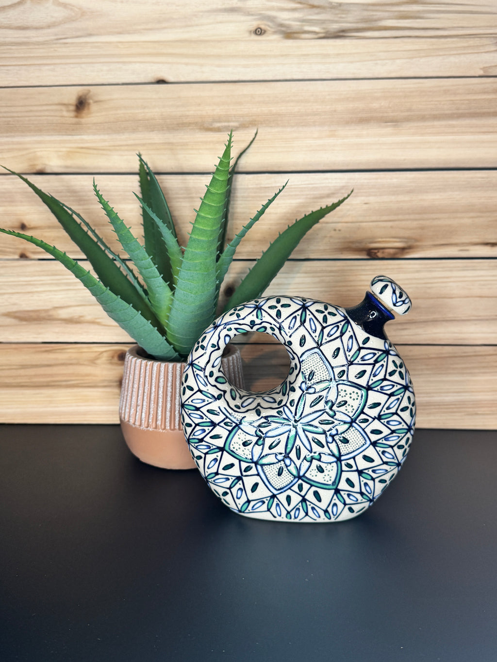 Handmade Talavera Ceramic Liquor Decanter- Green/Blue/White