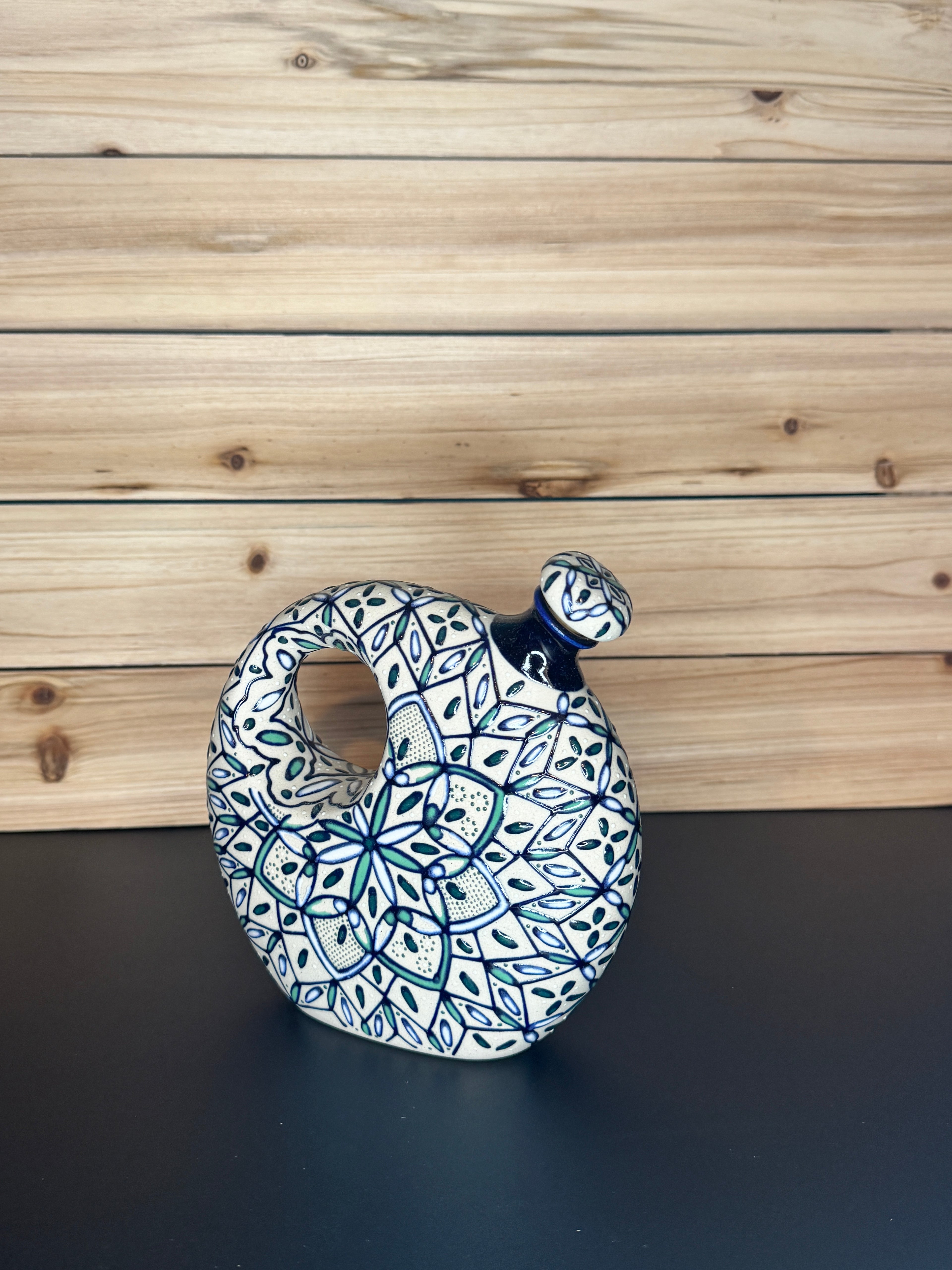 Handmade Talavera Ceramic Liquor Decanter- Green/Blue/White