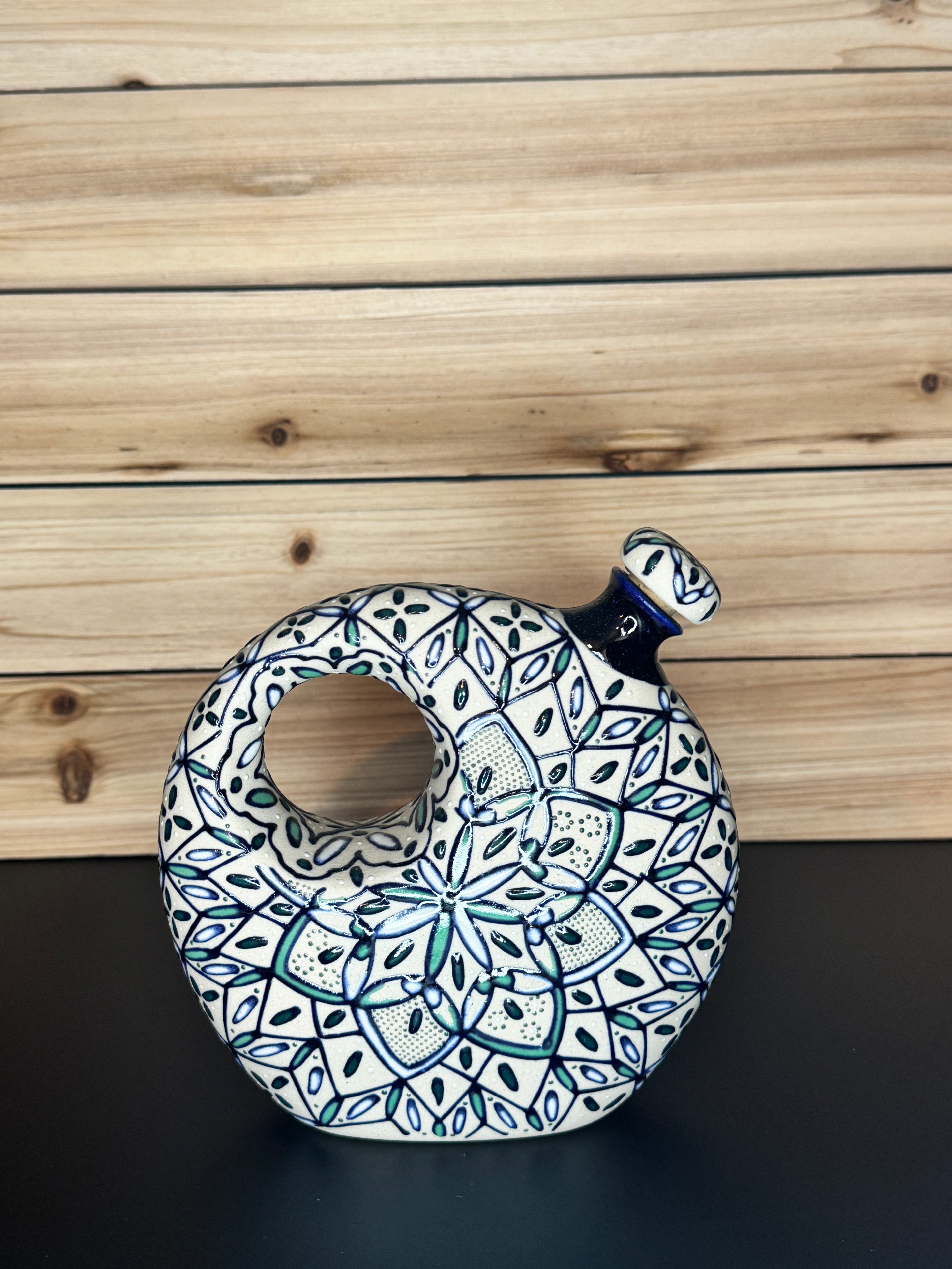 Handmade Talavera Ceramic Liquor Decanter- Green/Blue/White