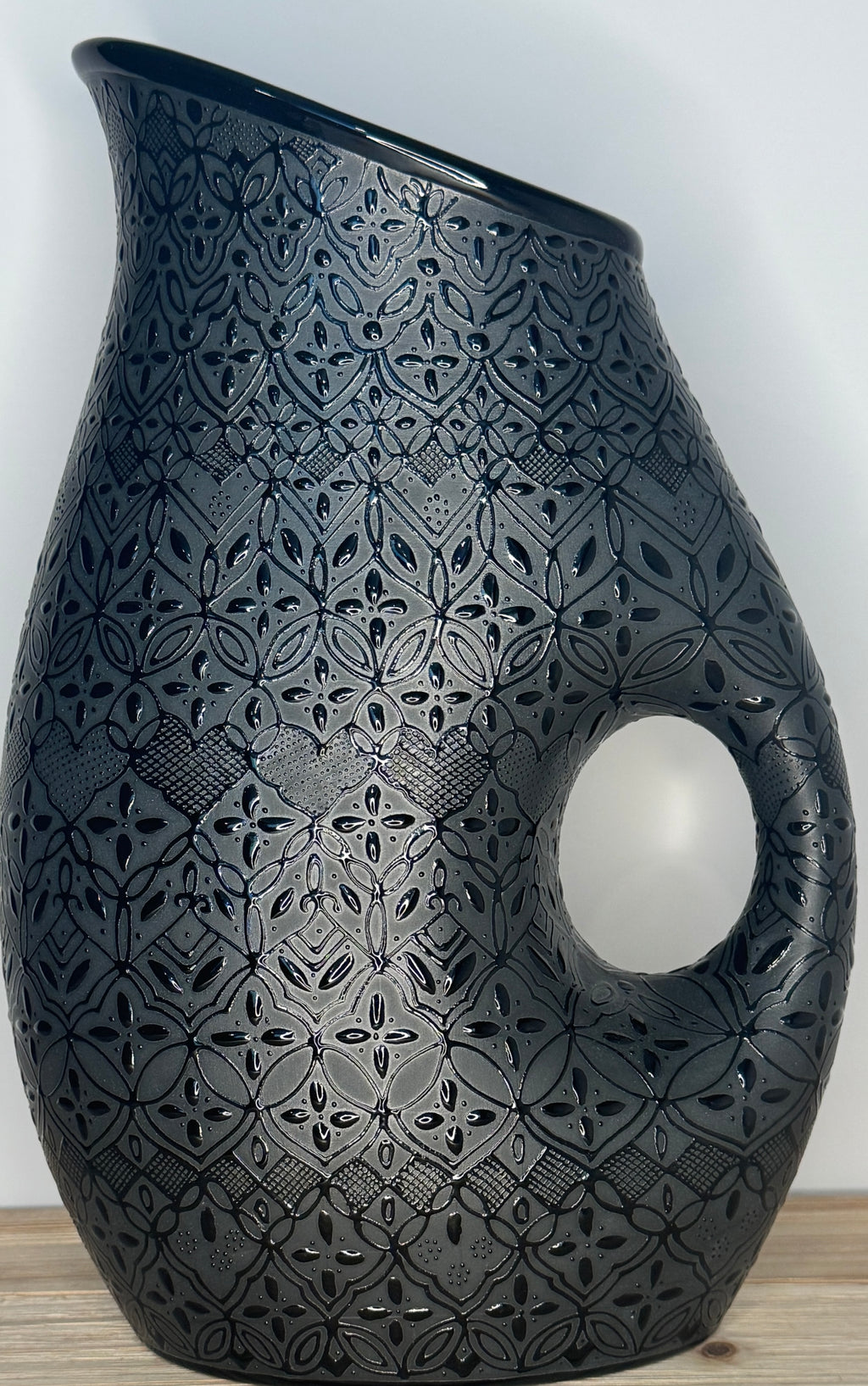 Handmade Mexican Ceramic Pitcher & 6 Cup Set-Black