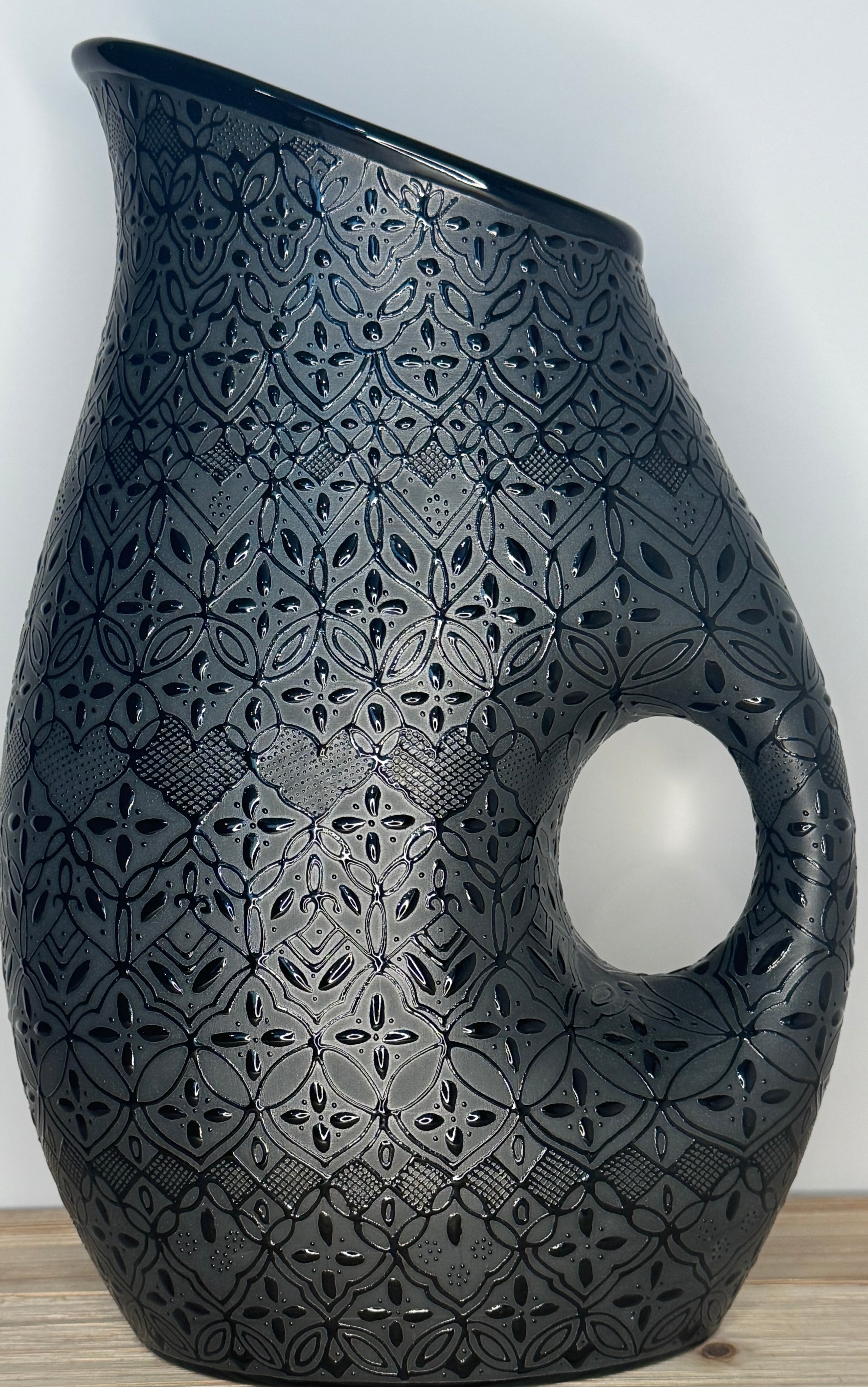 Handmade Mexican Ceramic Pitcher & 6 Cup Set-Black