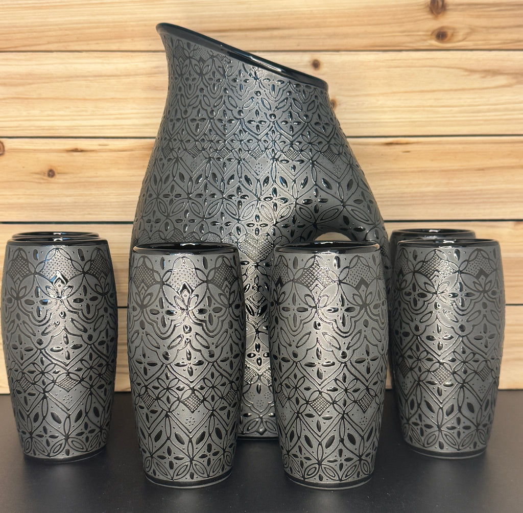 Handmade Mexican Ceramic Pitcher & 6 Cup Set-Black