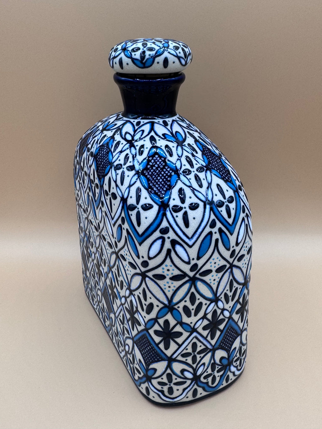 Handmade Talavera Ceramic Decanter- Blue/White