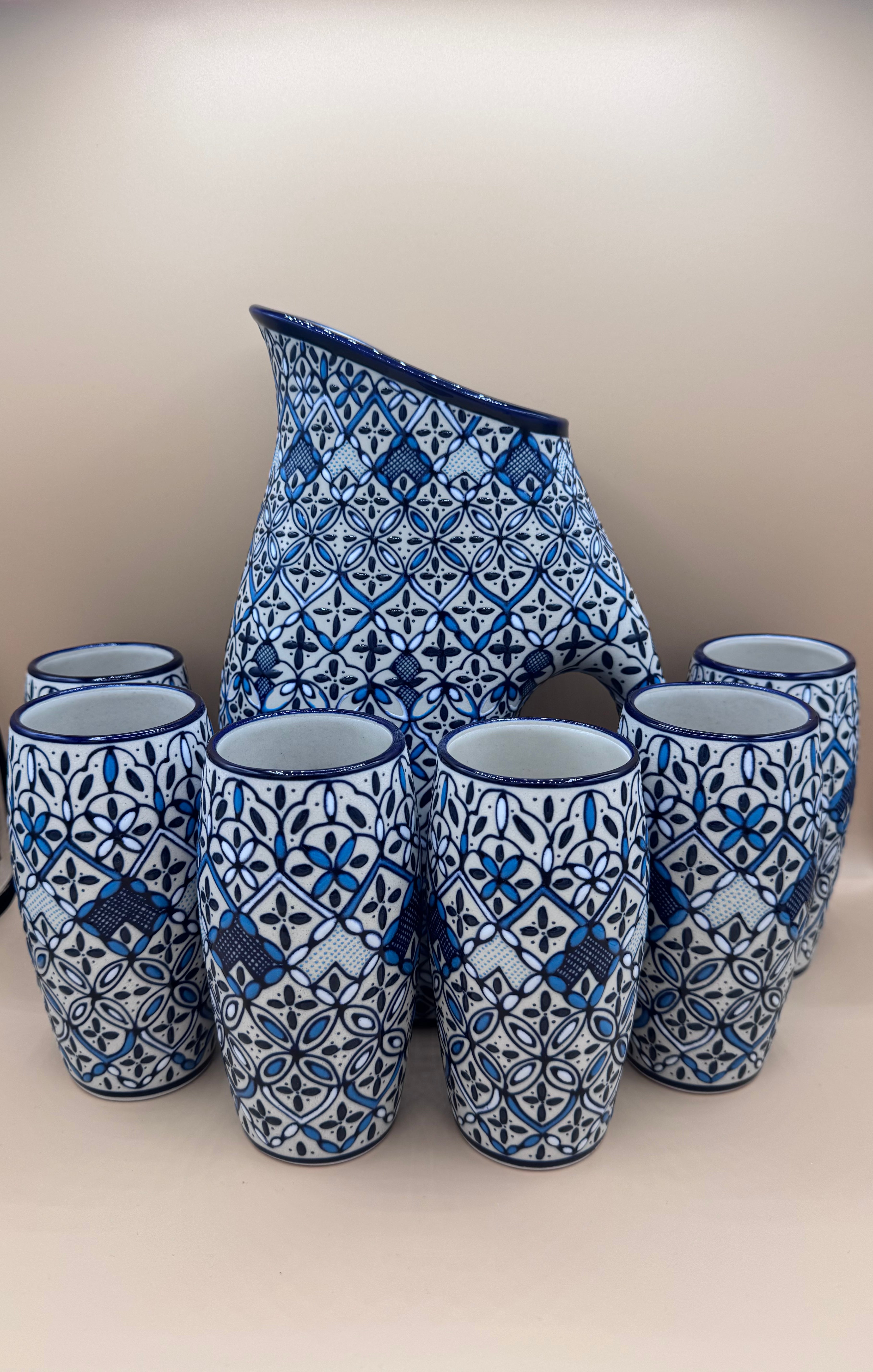 Handmade Talavera Ceramic Pitcher & Cup Set – Blue/White