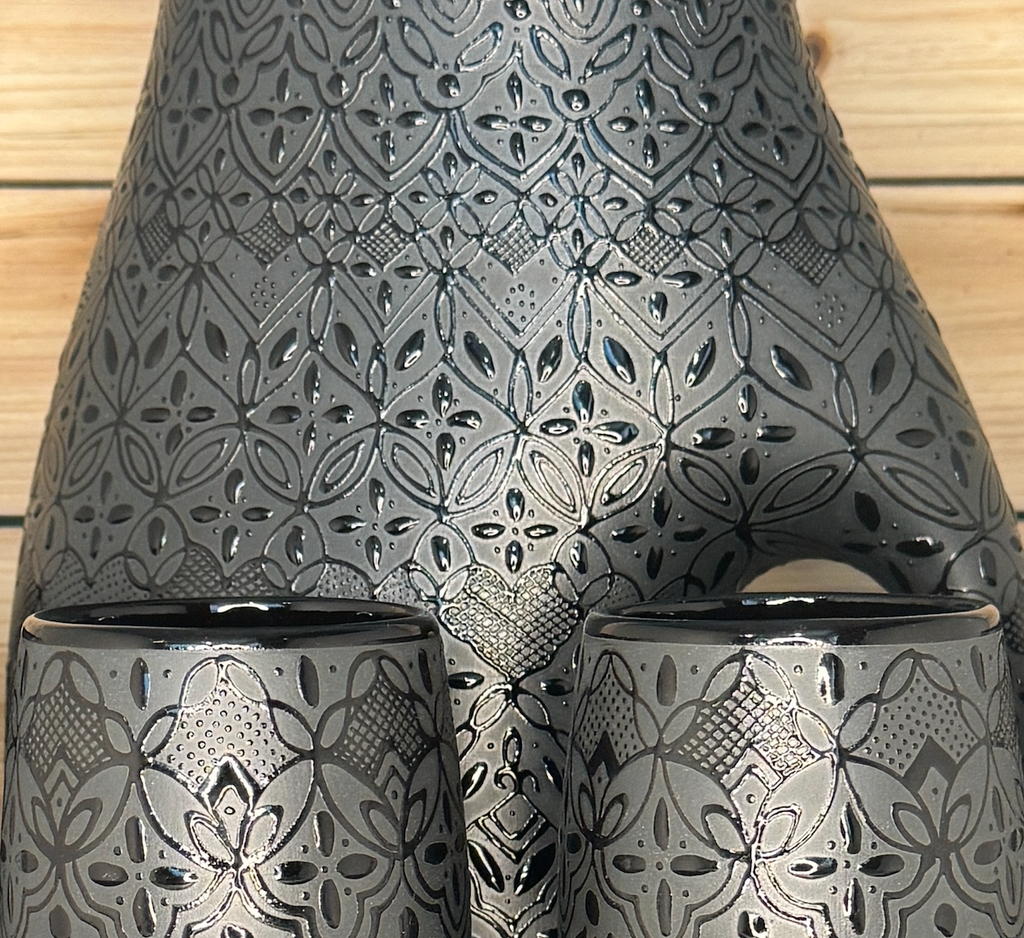 Handmade Mexican Ceramic Pitcher & 6 Cup Set-Black