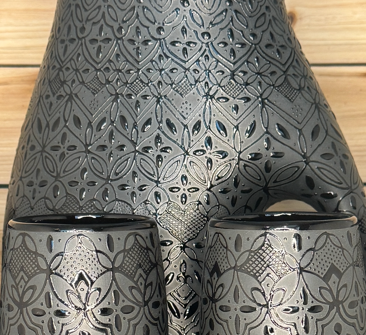 Handmade Mexican Ceramic Pitcher & 6 Cup Set-Black
