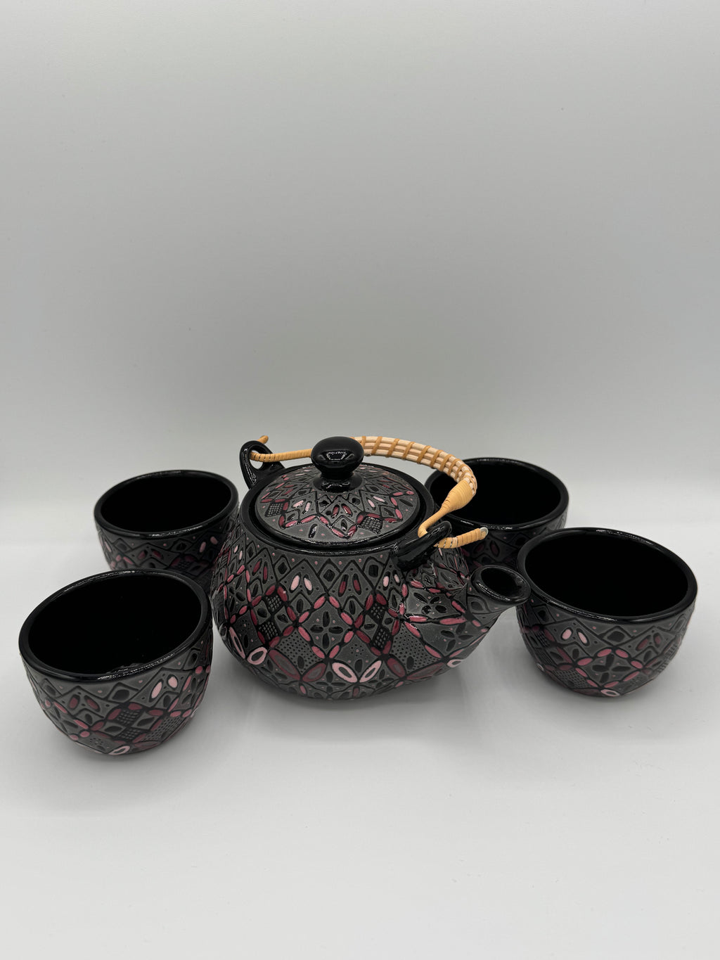 Handmade Talavera Ceramic Tea Set- Black/Rose